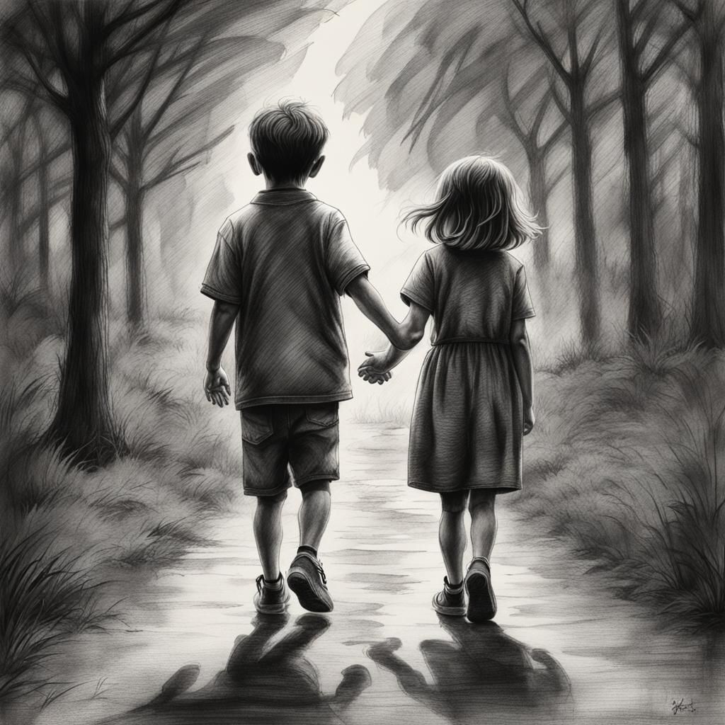 Hyper-Realistic Charcoal Portrait of Brother and Sister Hold...