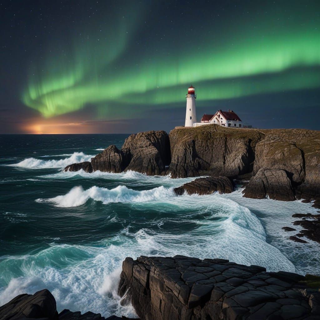 Lighthouse Braving Storm Under Aurora Borealis