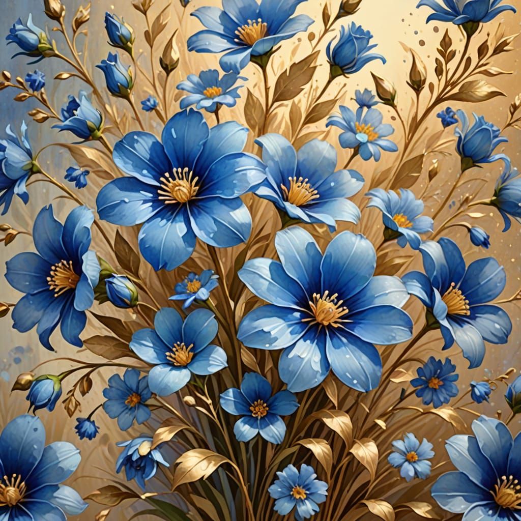 Blue Flowers Bouquet in Watercolor Impasto Style