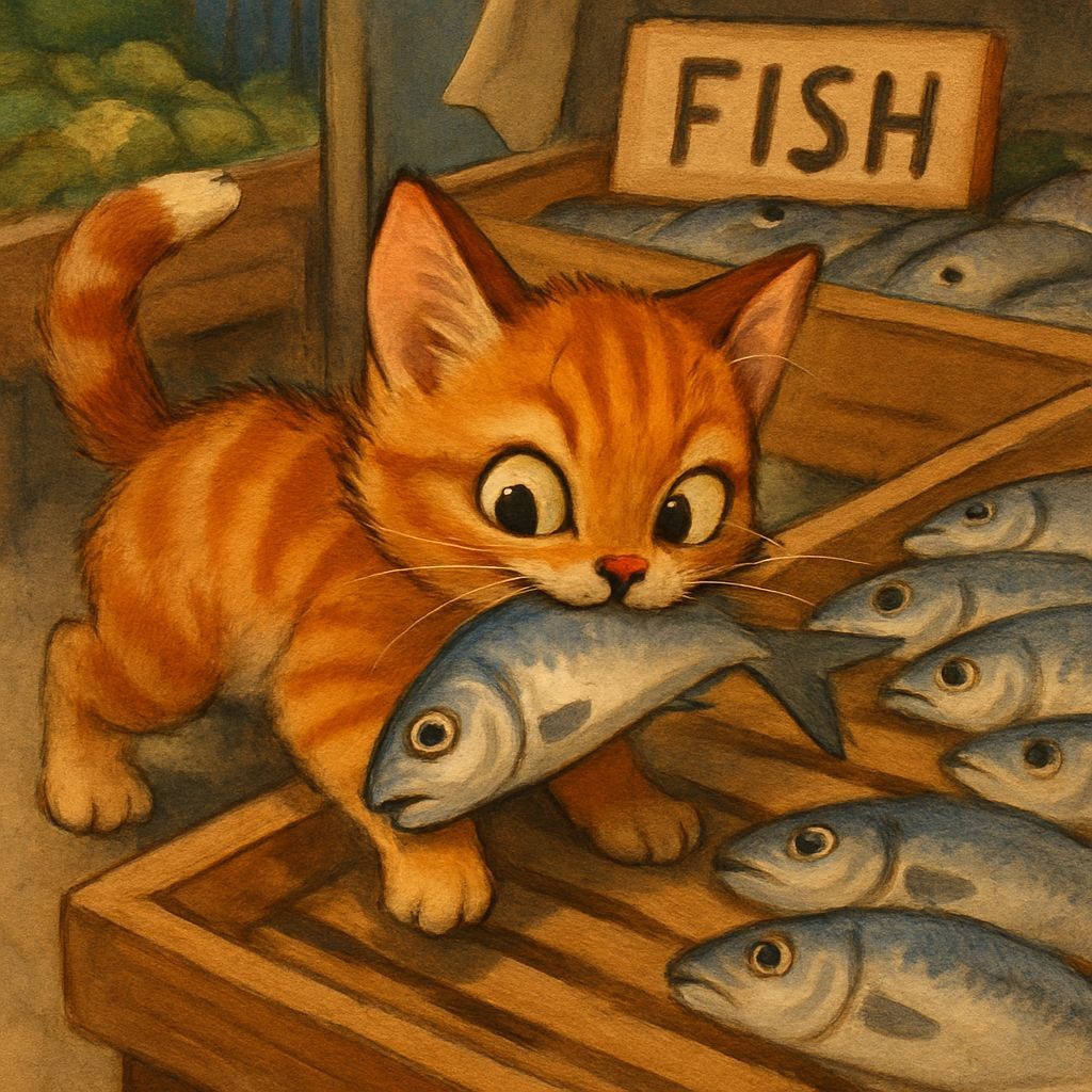 Naughty Kitten Steals Fish From Market Stall