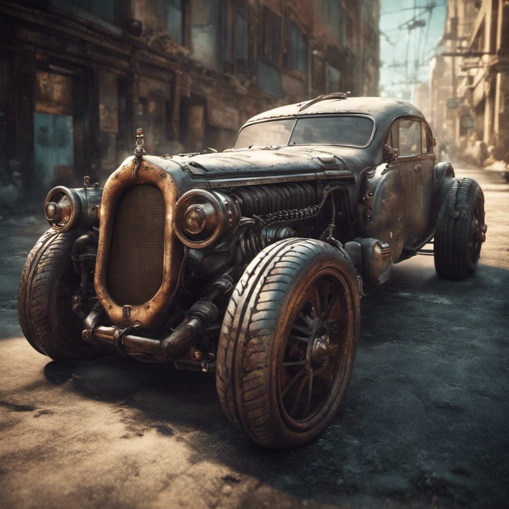 Robotic Jaguar Ratrod Car in Dieselpunk Style