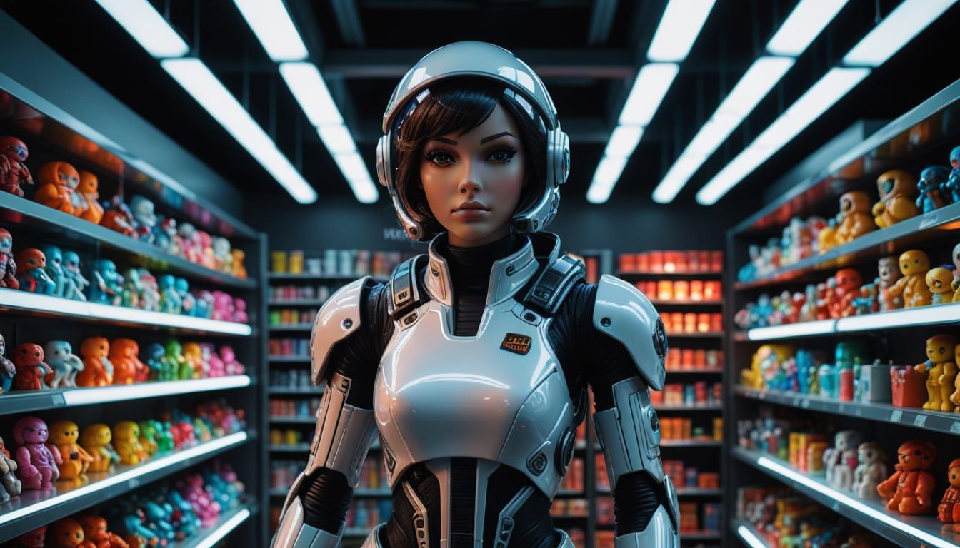 Futuristic Toy Aisle with Neon Cyber Dolls and Cosmic Explor...