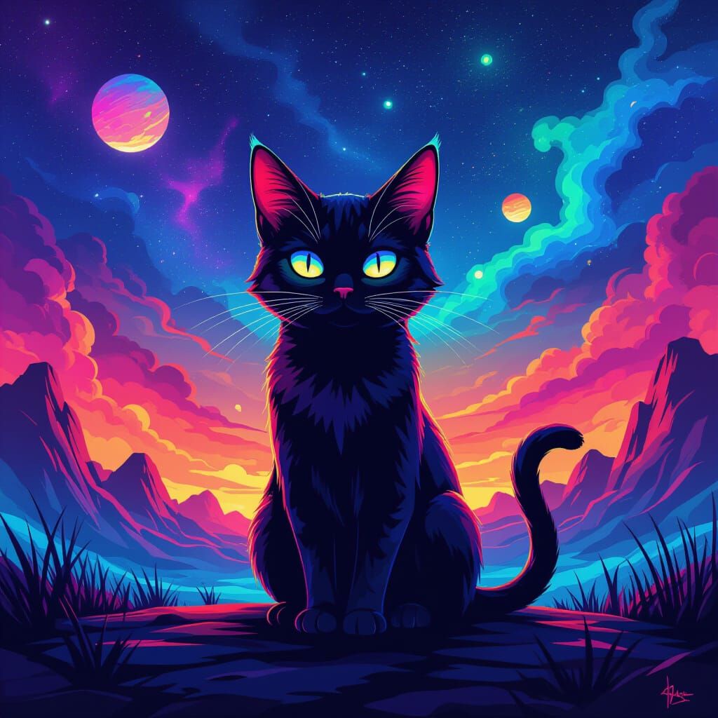 Kaleidoscopic Demon Cat in a Neon Universe