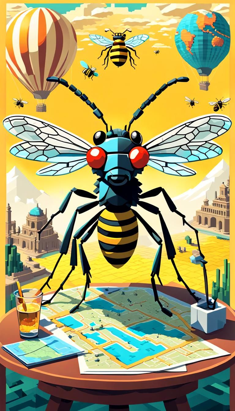 An anthropomorphic mosquito in a Titanic-inspired Edwardian outfit studies a map, seeking out festivities across fantast...