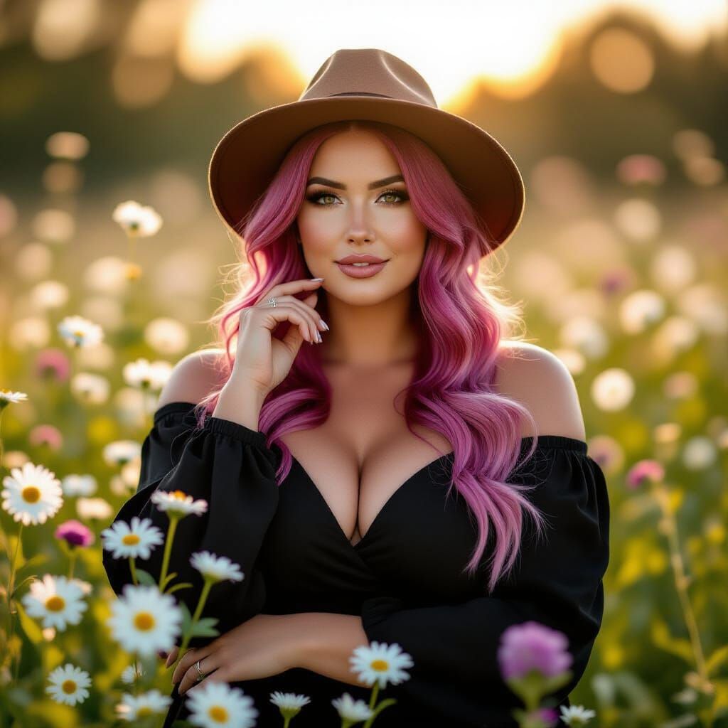 A voluptuous big beautiful woman with vibrant pink hair, ado...