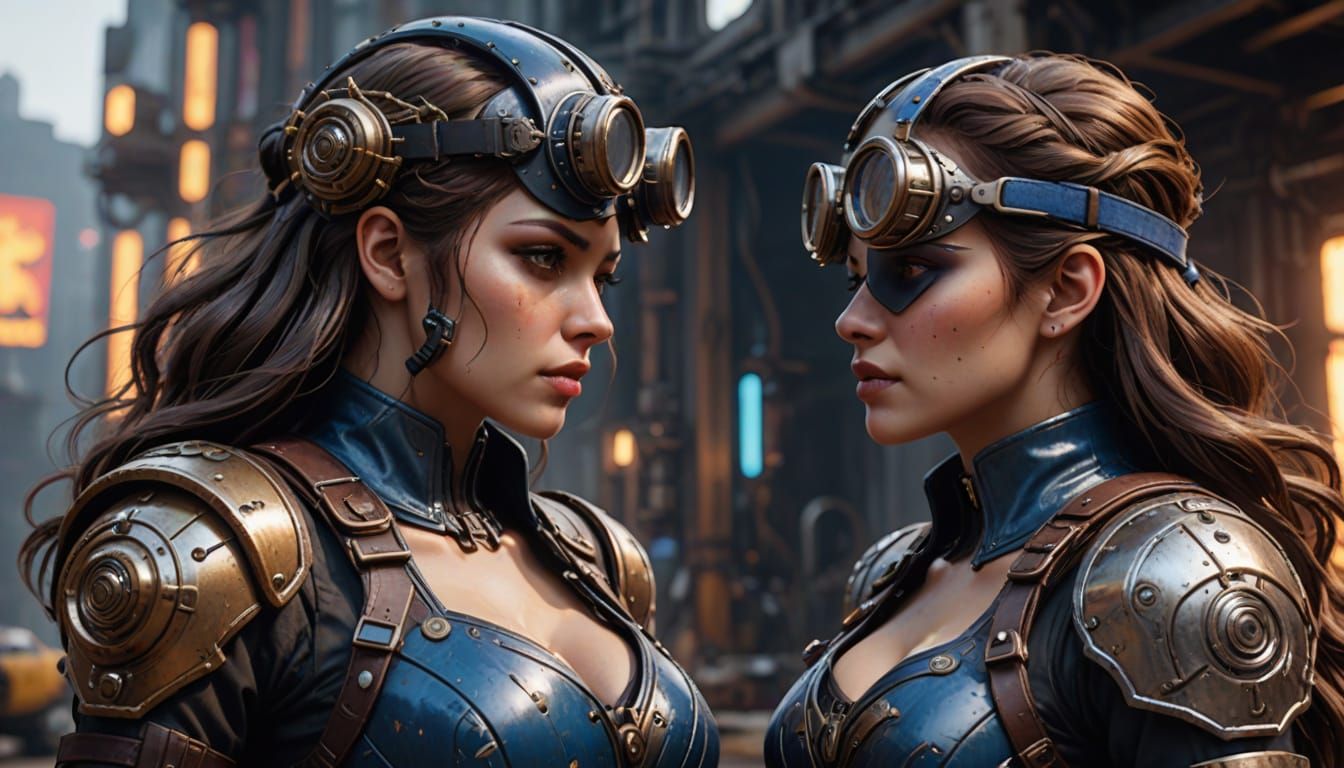 Steampunk Women Kiss Battling Minotaur in Comic Art Style