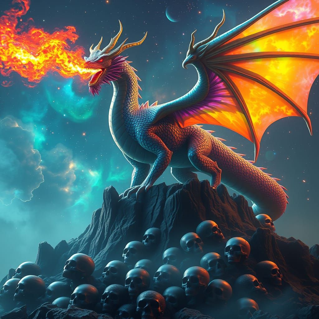 Cosmic Dragon Breathing Rainbow Firestorm Above Skulls