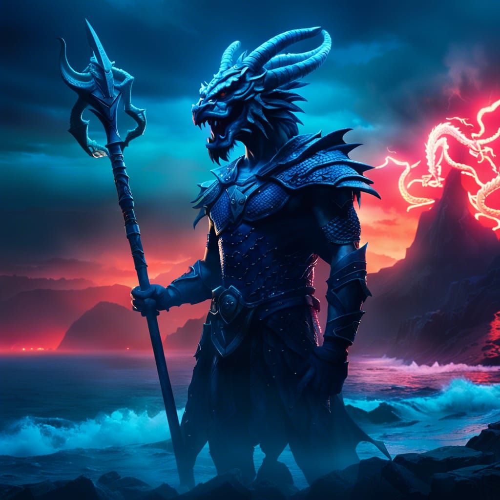 Mythical Male and Dragon at Ocean Edge
