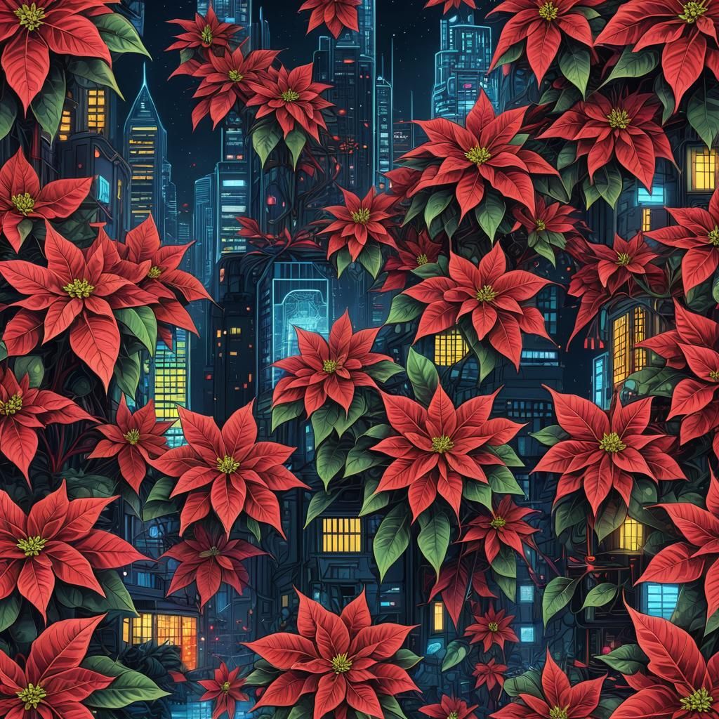 Cyberpunk Christmas Poinsettia Cityscape with Neon Lights