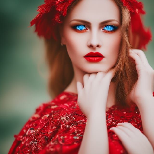 Blue Eyed Woman in Red Gown: Professional Photography