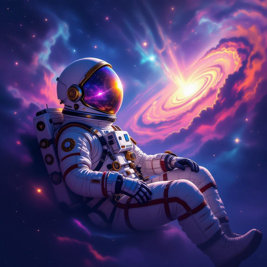 Lone Astronaut Drifting in Ethereal Nebula, Steampunk Accent...