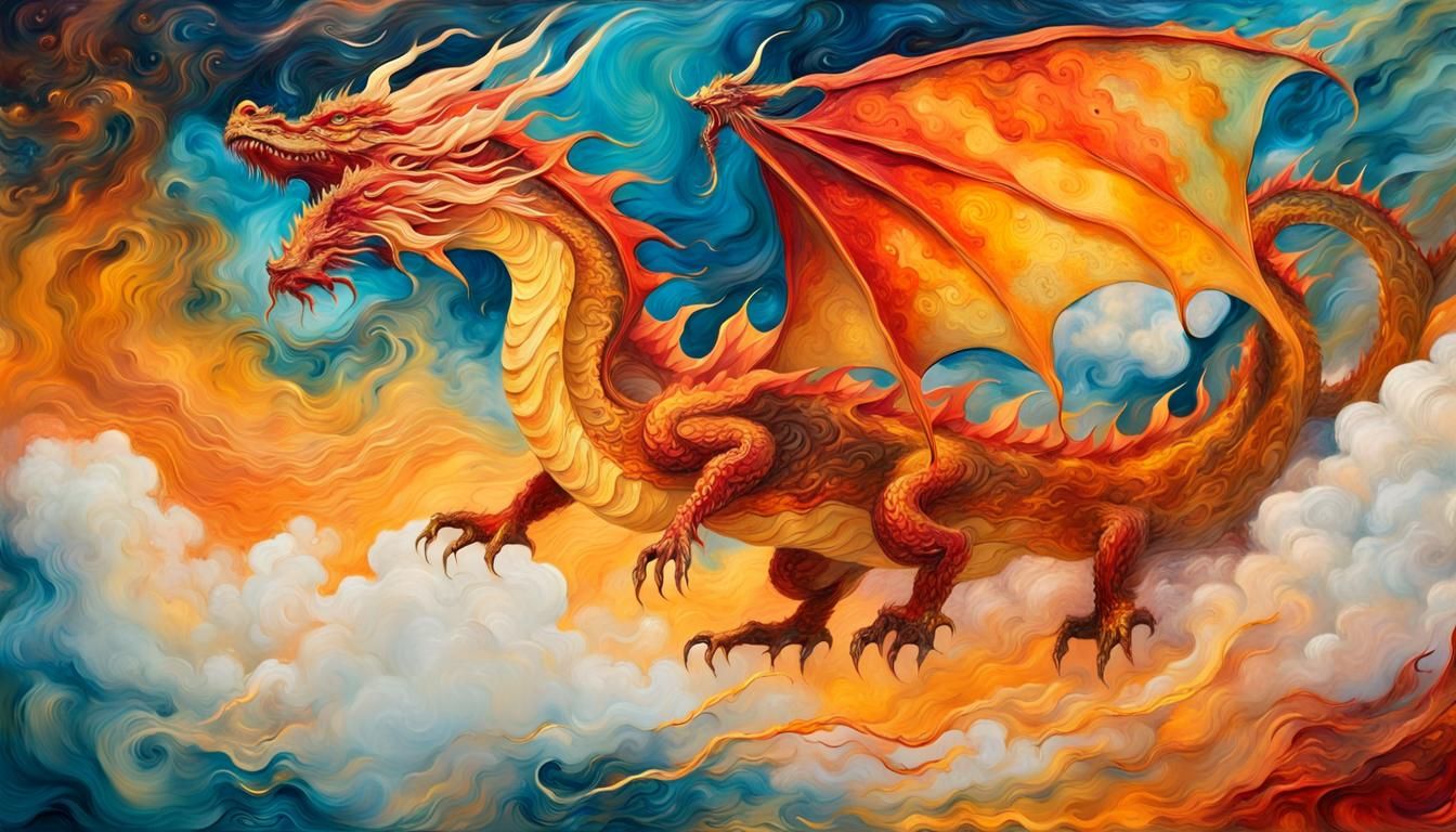 Fiery Dragon Soaring: Impressionist Encaustic Painting
