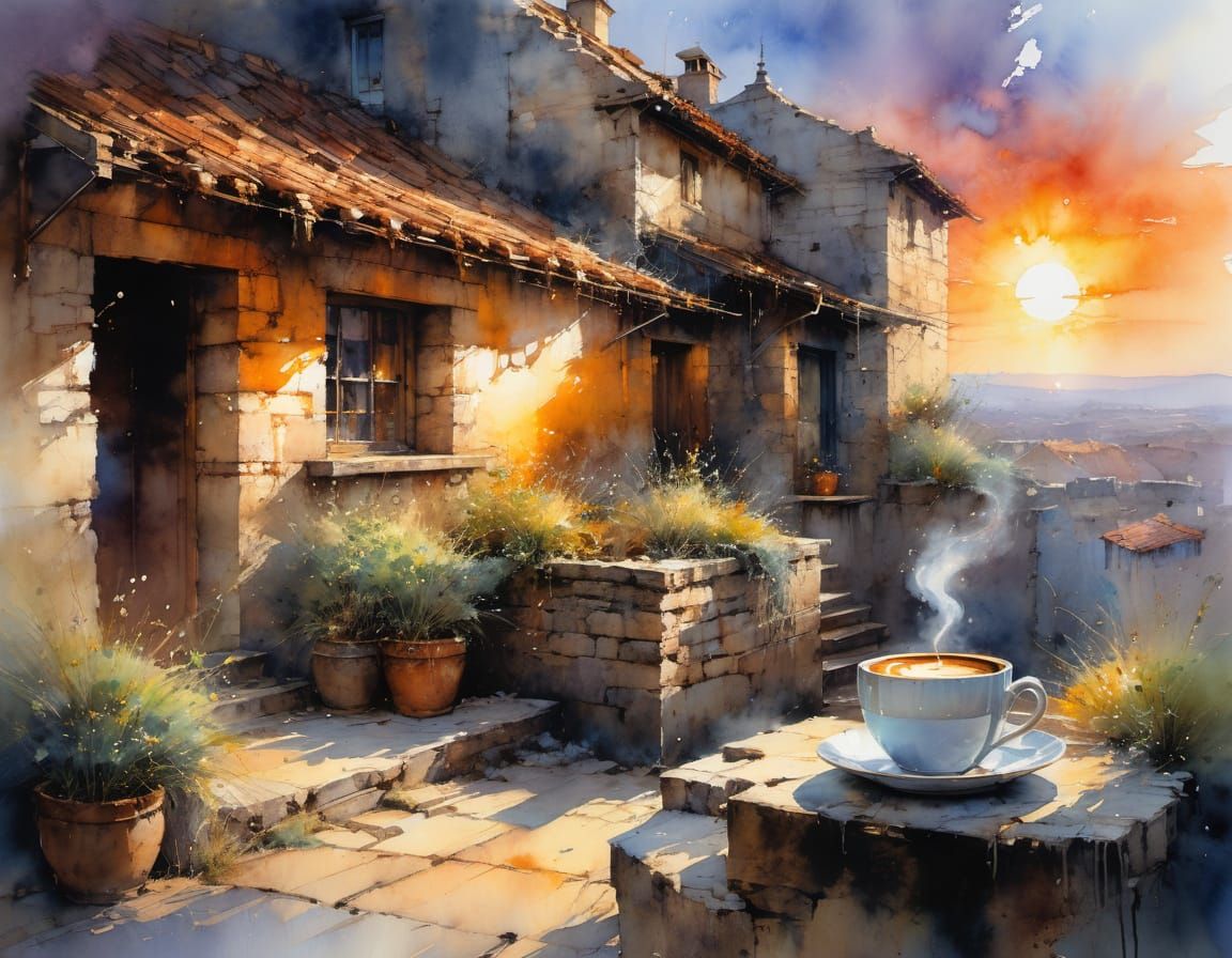 Rustic Sunset Watercolor Coffee Scene