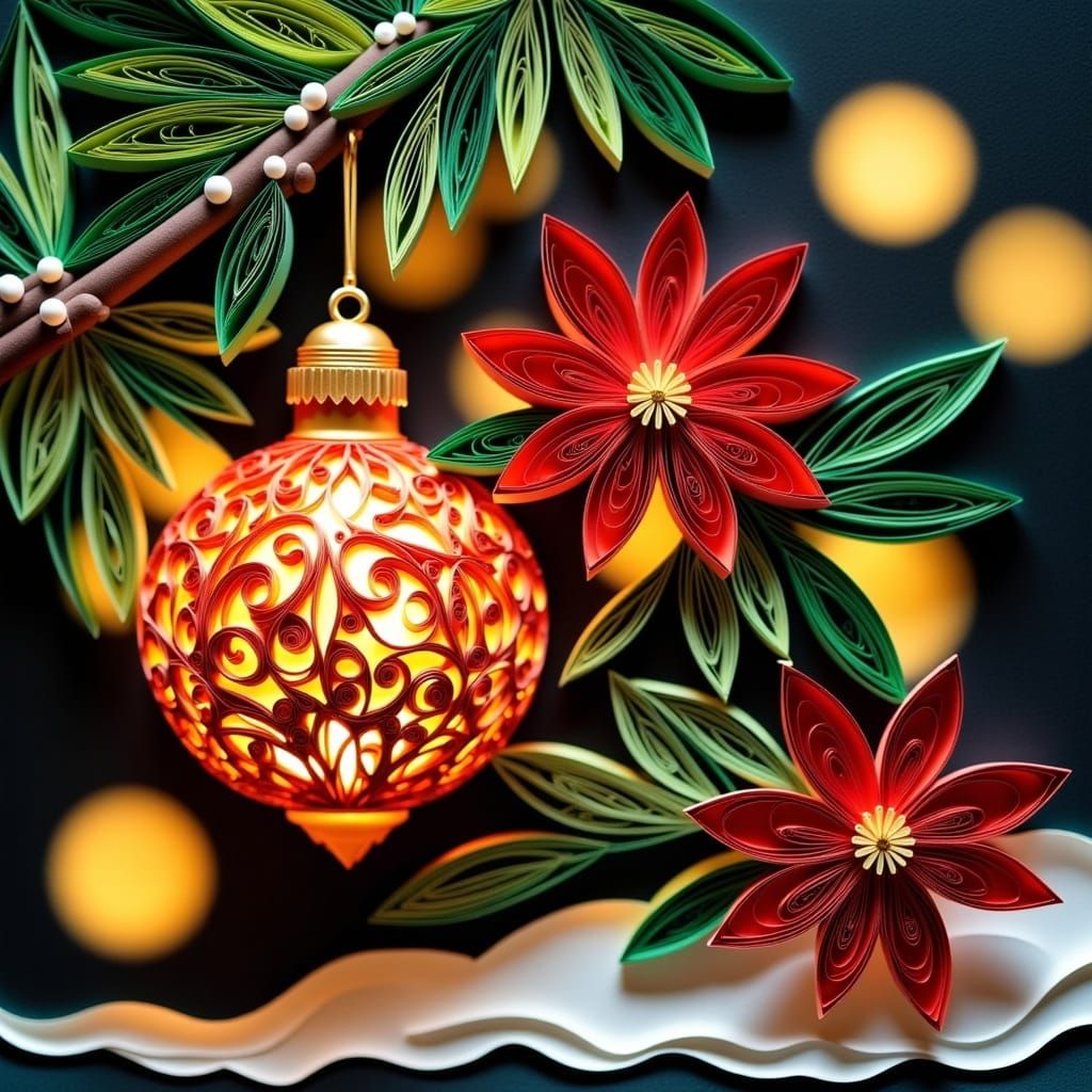 Ethereal Quilled Christmas Bulb on Lush Green Branch