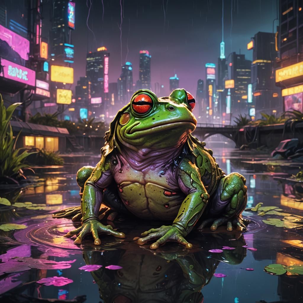 Cyberpunk Mutant Frog Spitting Acid in Pond