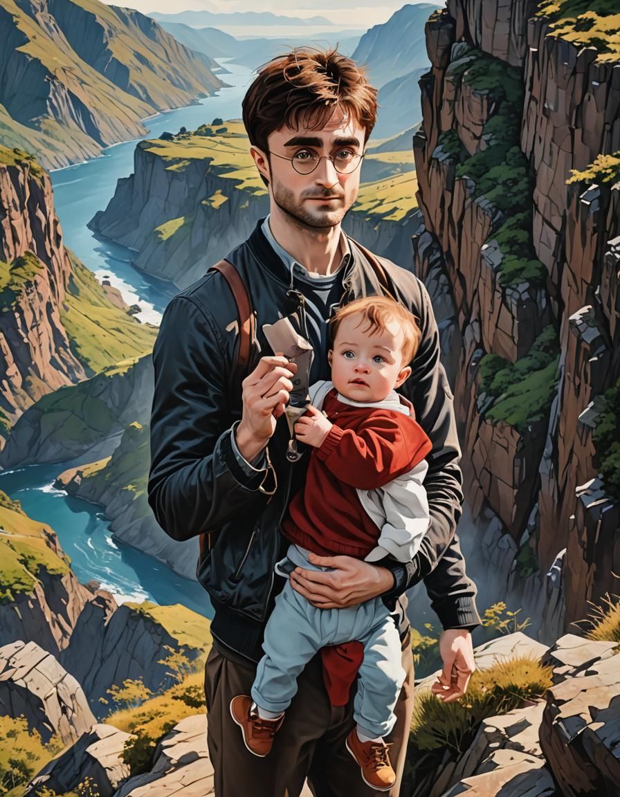 Daniel Radcliffe as Anime Hero Holding Baby on Cliff