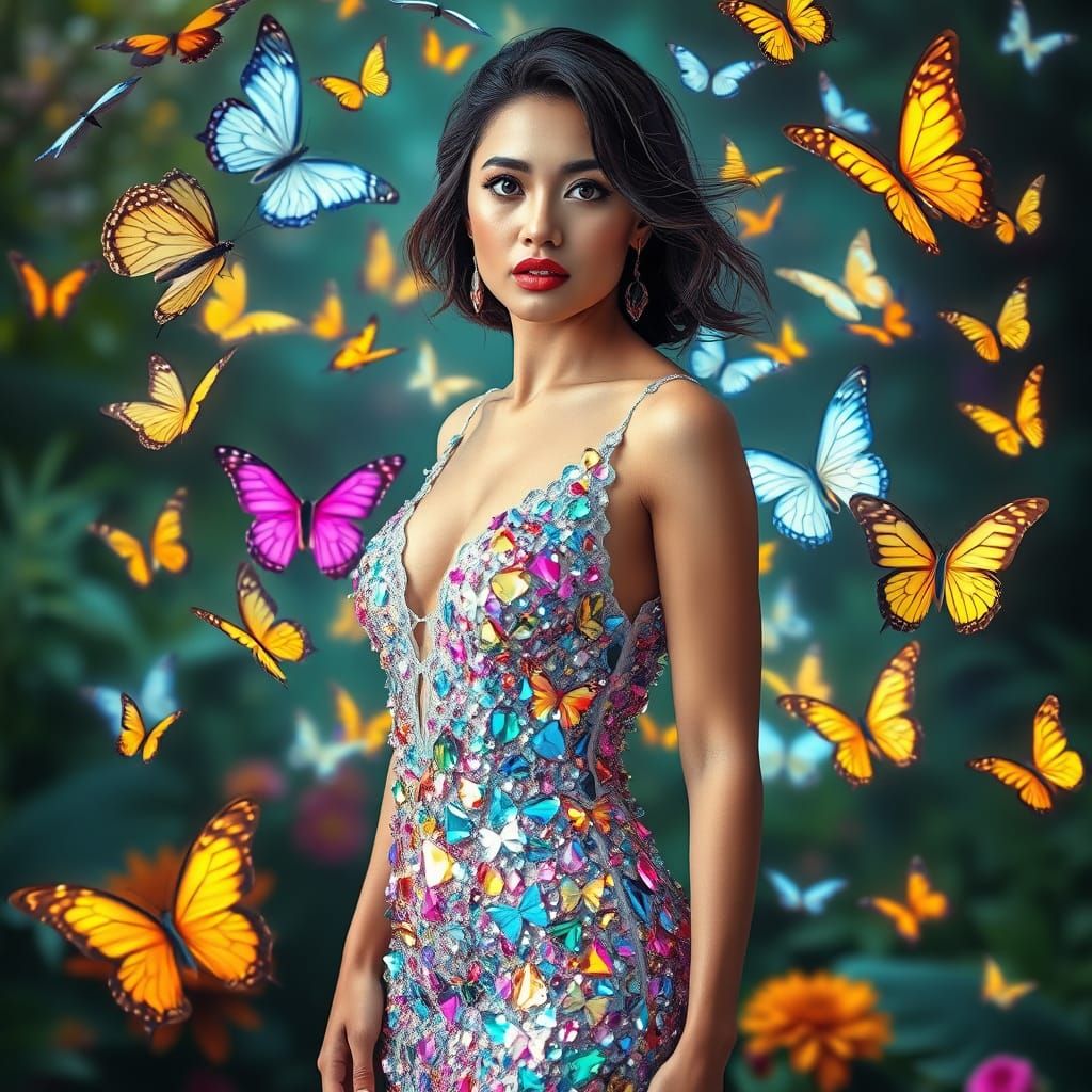 Confident Woman Surrounded by Swirling Butterflies in Lush E...