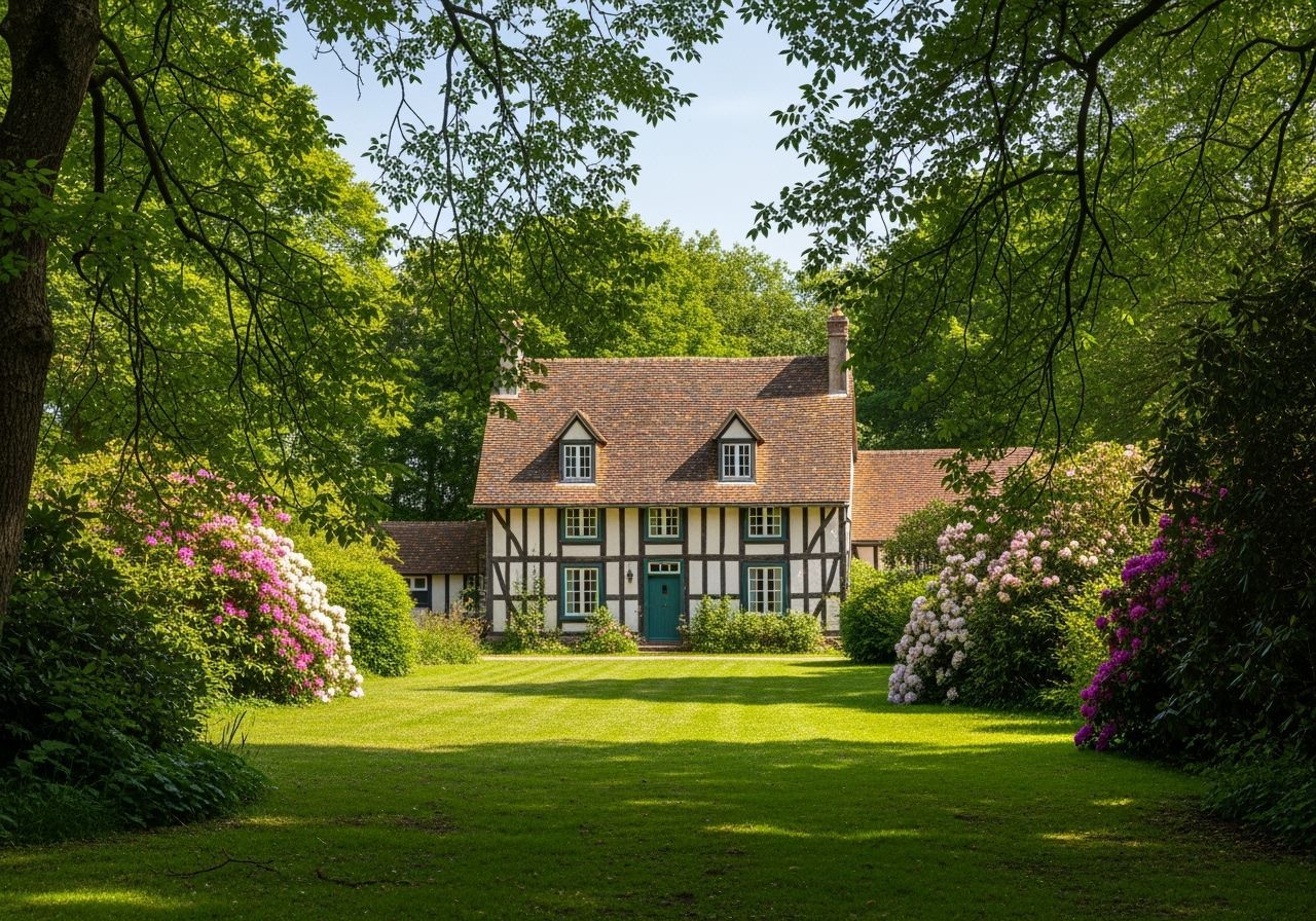 Picturesque Half-Timbered House in Lush Floral Garden