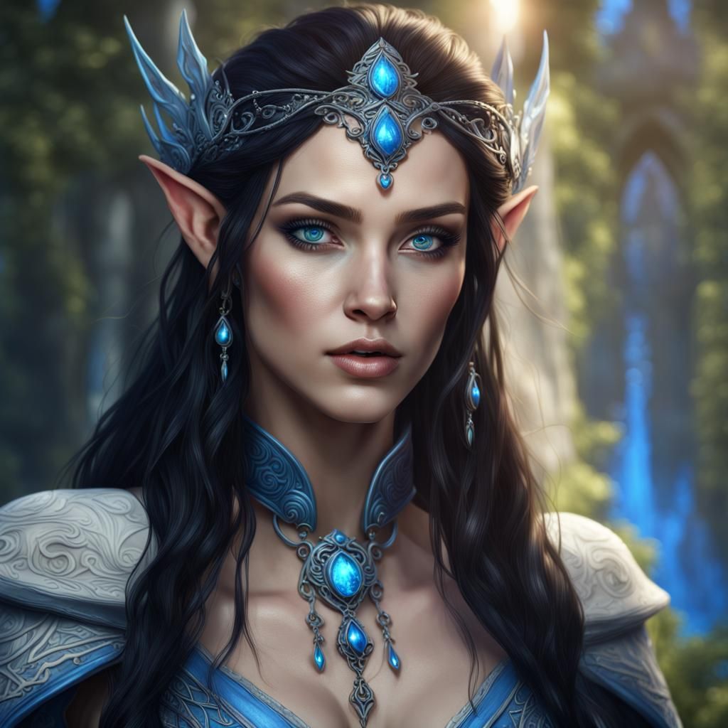 Elven Woman with Dark Hair and Blue Eyes