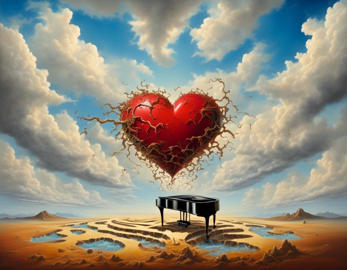 Surreal Landscape with Piano Keyboard and Hearts
