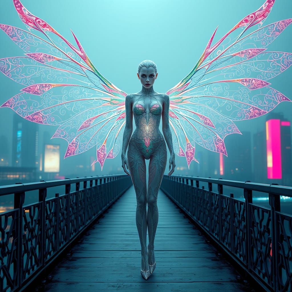 Gothic Cyber Vampire Queen in Iridescent Winged Form