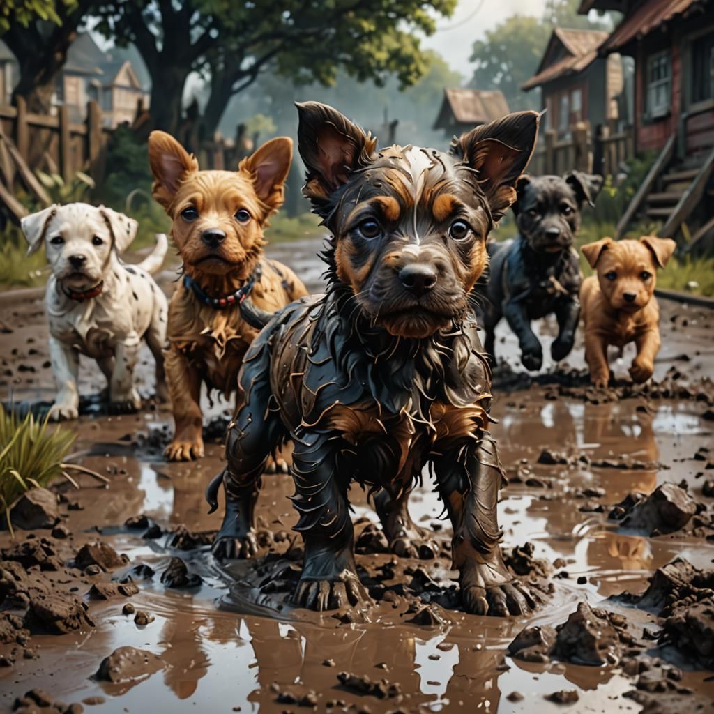 Puppies Play in Mud Puddles: Detailed Matte Painting