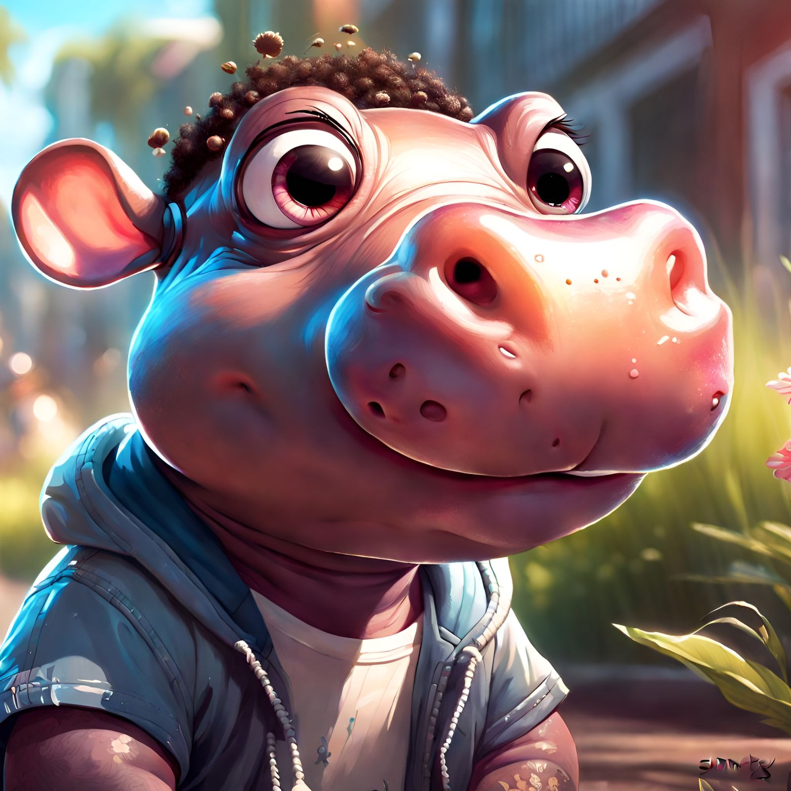 Happy Hip-Hop Hippo Portrait, Detailed Cartoon Art