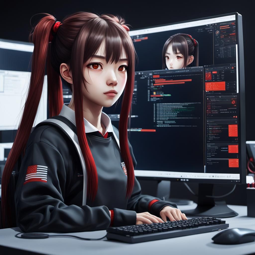 Hacker's Screen: Hyperrealistic Anime-Style Portrait