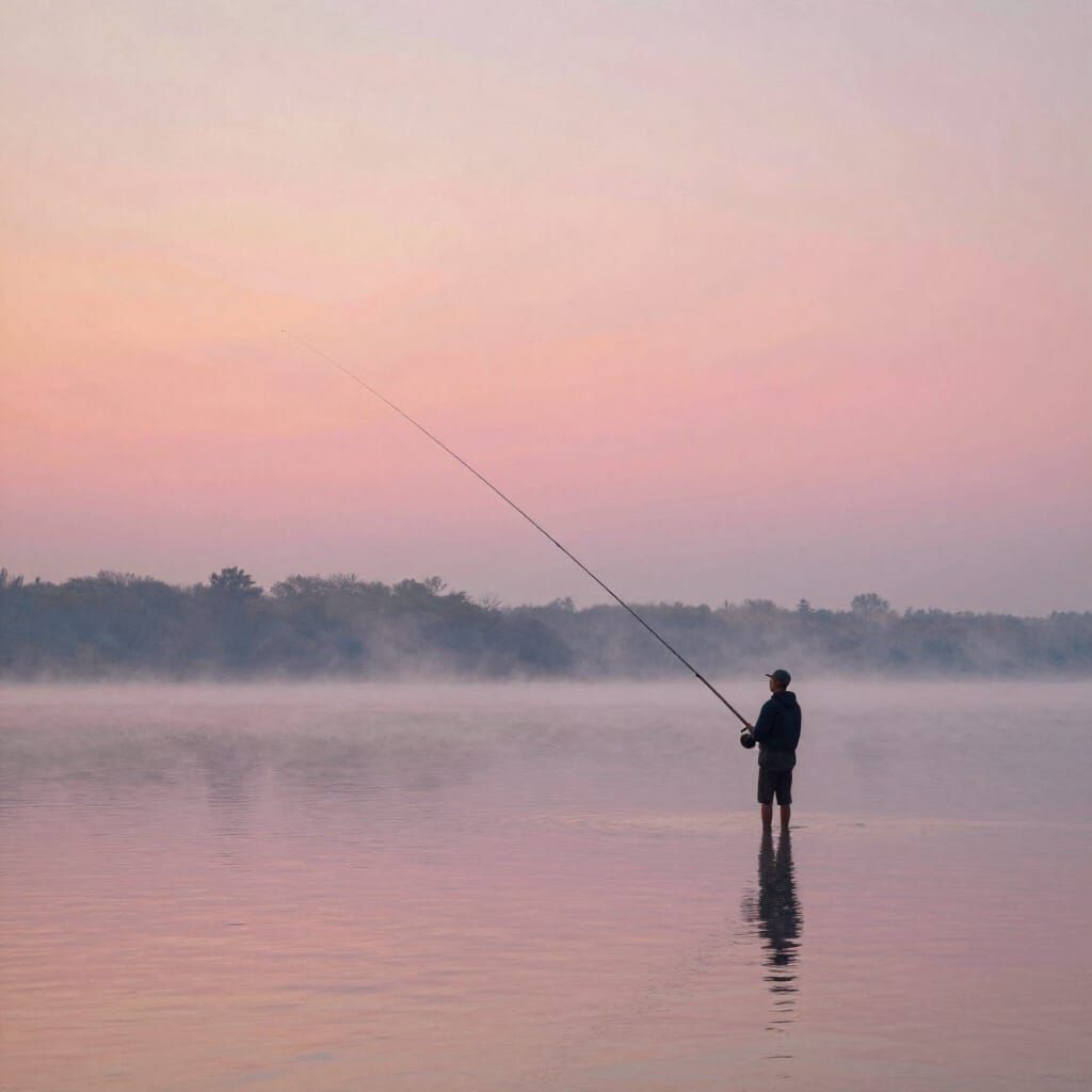 Serene Dawn Lake Fishing Scene in Impressionist Style