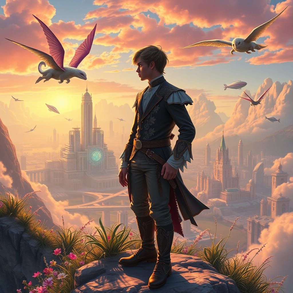 Victorian Hero on Windswept Cliffs at Sunset