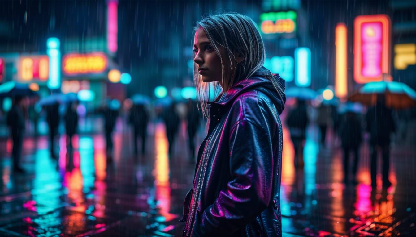 Girl in Rainy Neon City Square