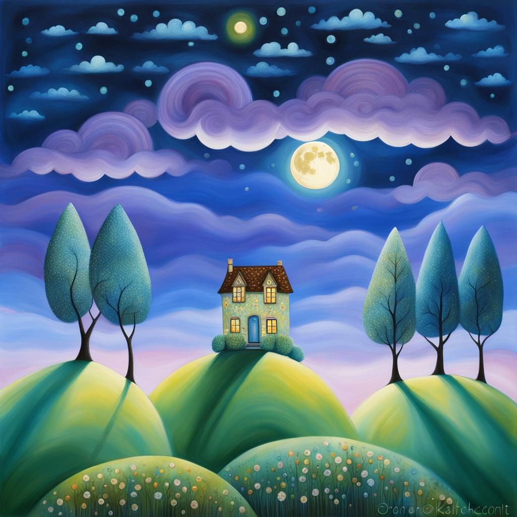 Whimsical House on a Hill with Golden Highlights