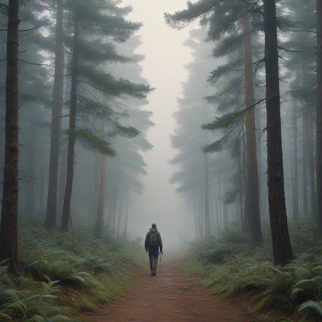 Traveler in Misty Pine Forest, Gouache Masterpiece