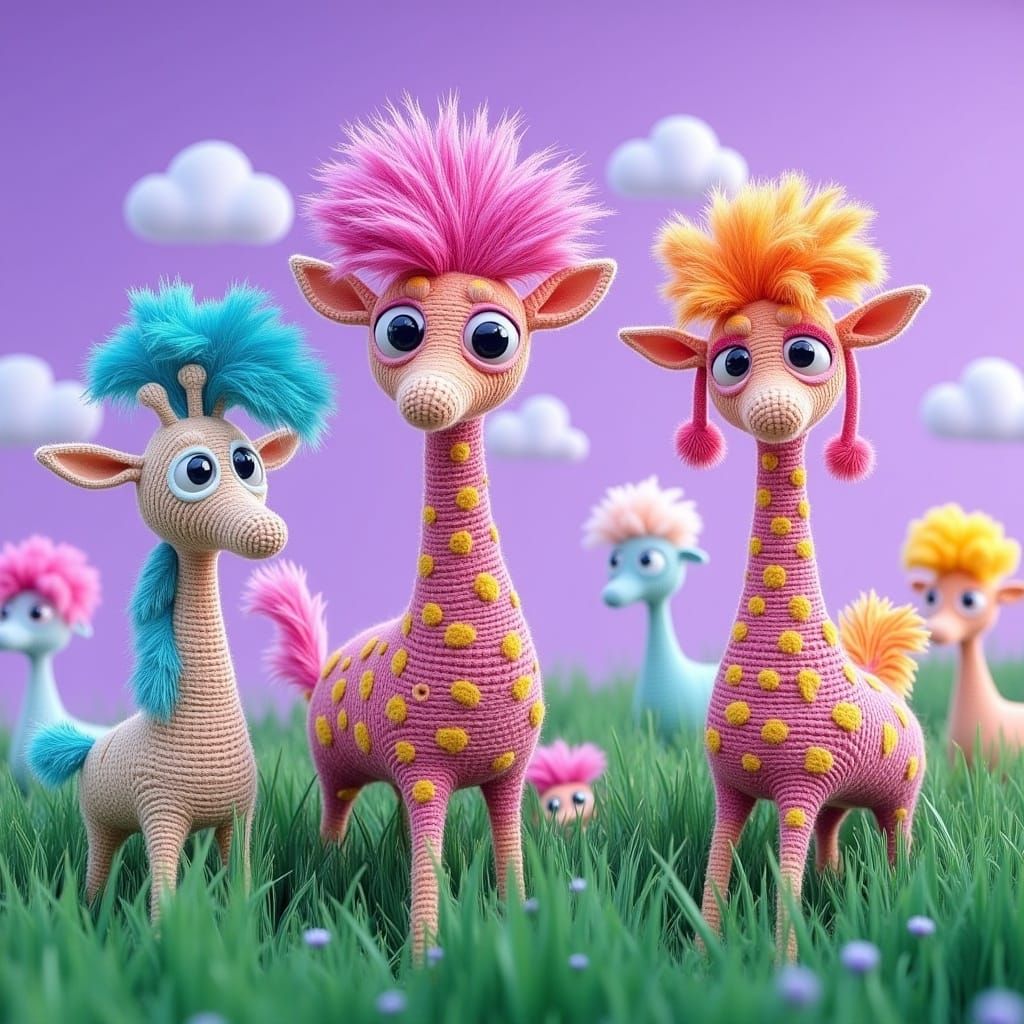 Colorful Yarn Giraffes in Dreamcore Cartoon Scene