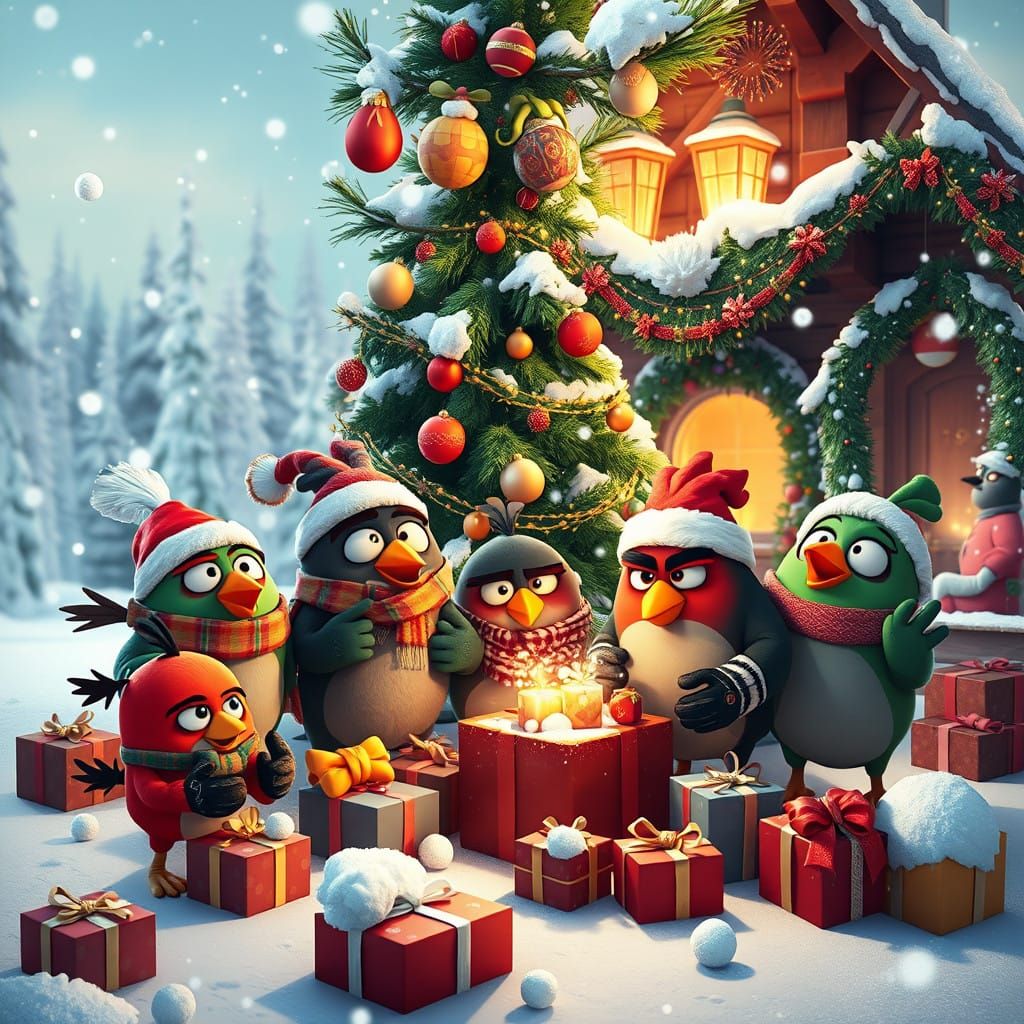 Colorful 3D Cartoon Christmas Scene with Angry Birds