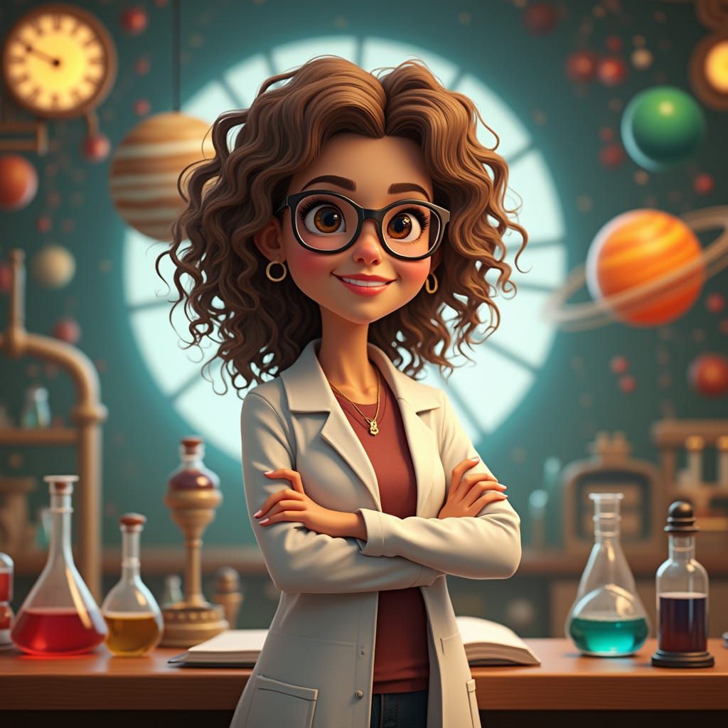 Charming Science Teacher in Whimsical Steampunk Lab