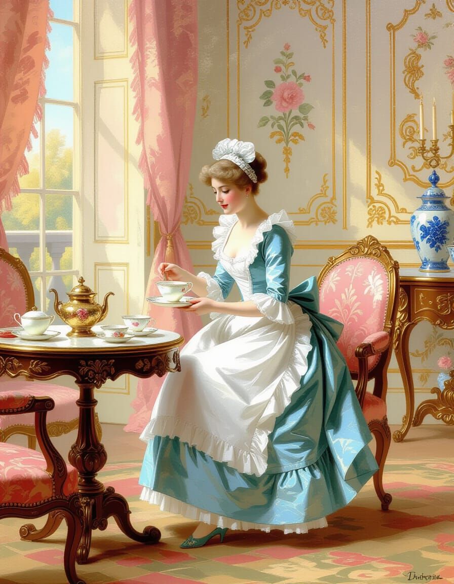 Elegant Maid Serving Tea in Rococo Parlor