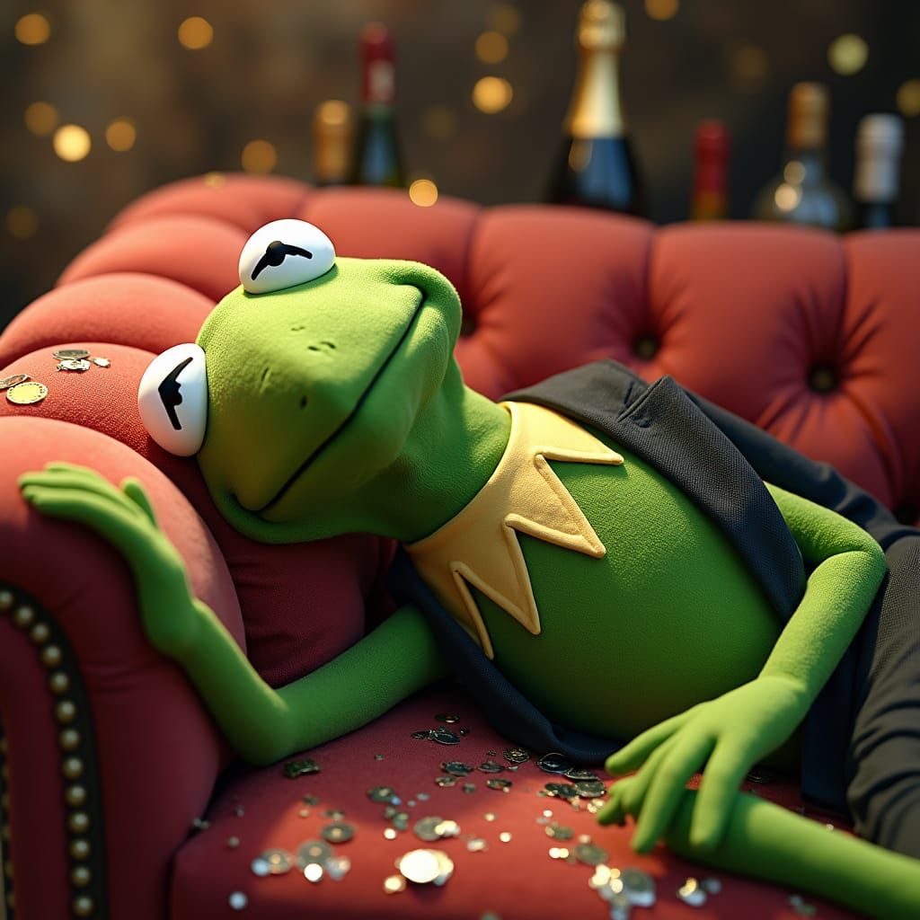 Kermit Asleep in a Whimsical Digital Illustration