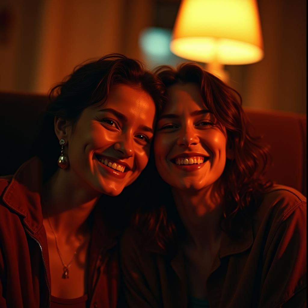 Two Friends Smiling in Cozy Film Aesthetic