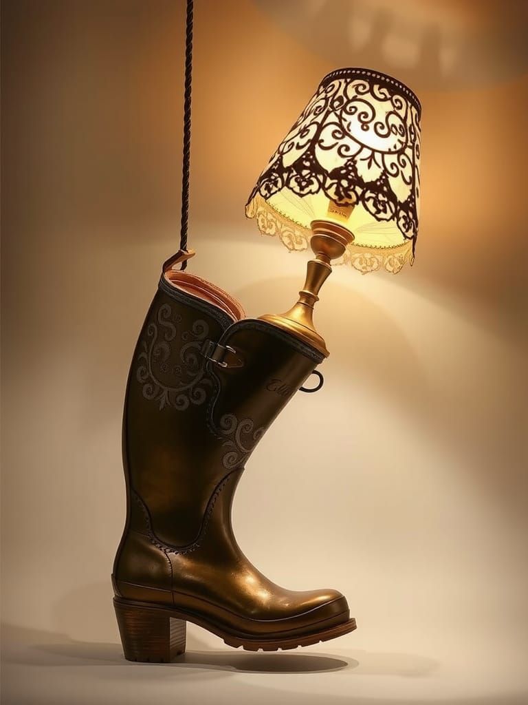 Surreal Art Nouveau Lamp with Antique Boot Base