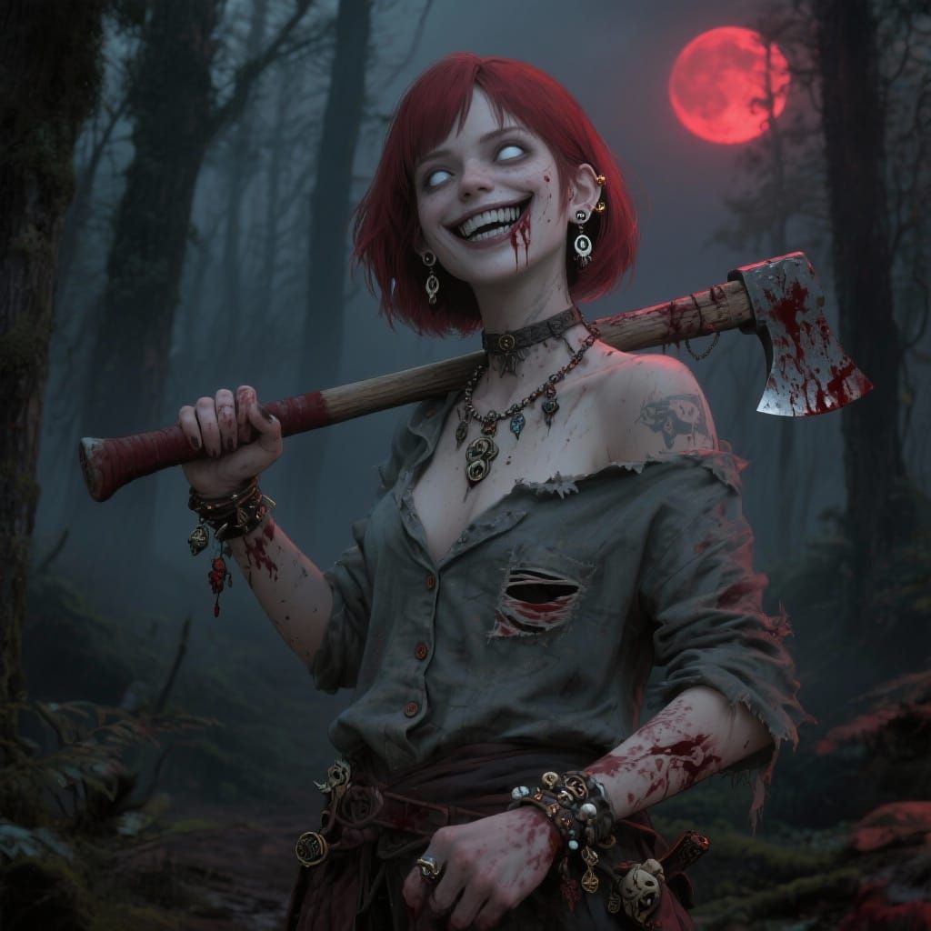 Woman with Axe Under Blood Moon: Hyperrealistic