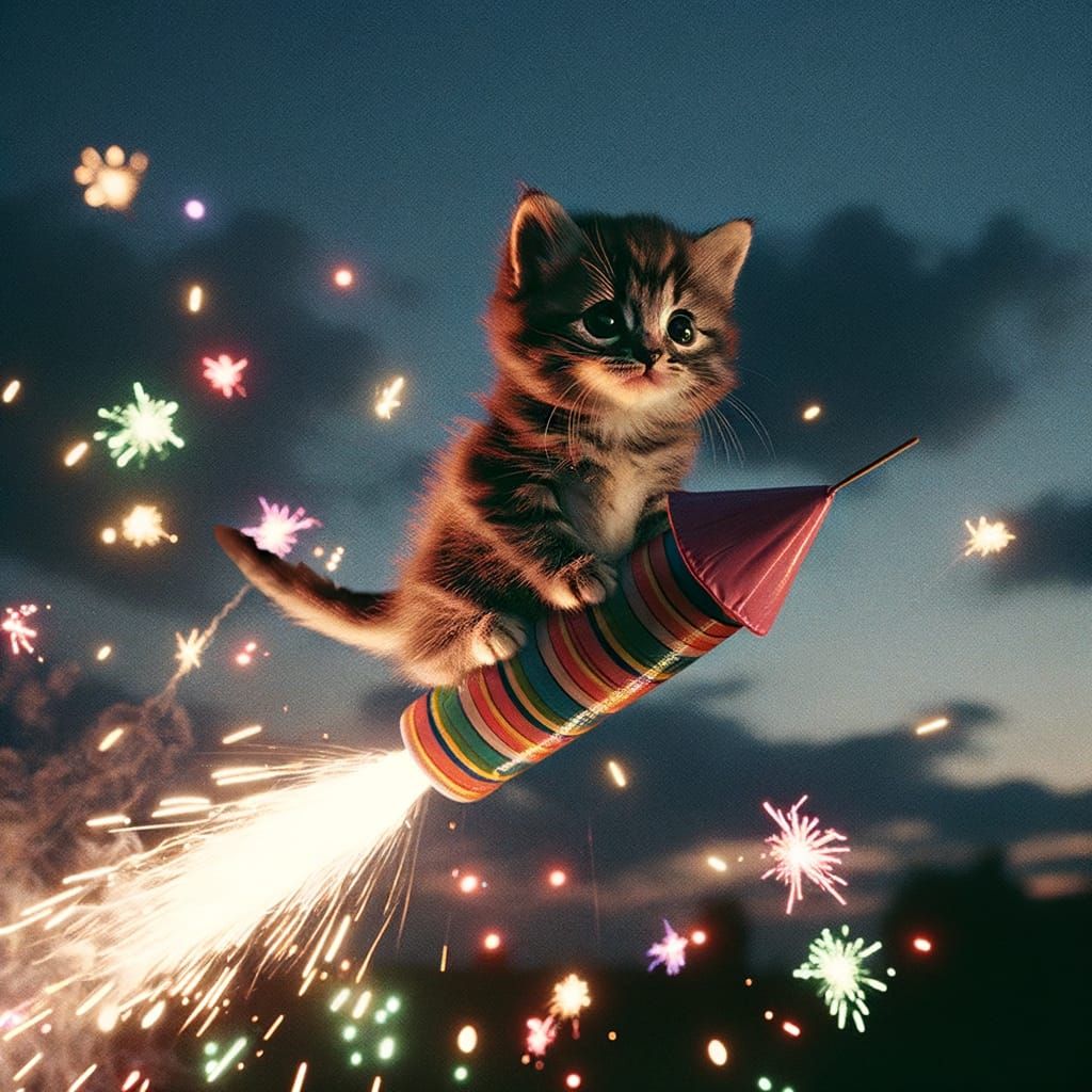 Kitten Rides Firework Rocket into Night Sky