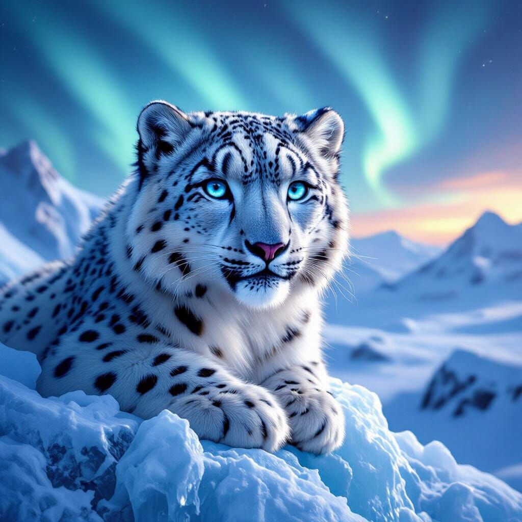Majestic Snow Leopard on Ice Under Aurora Borealis