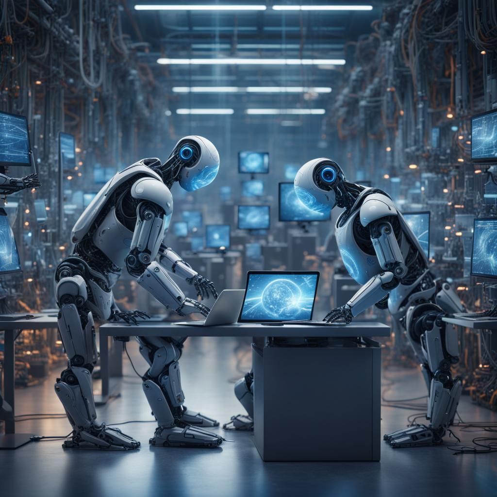 Robots Working at Laptops in a Futuristic Lab