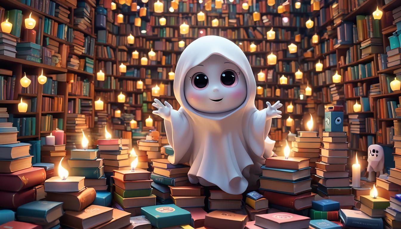 Cute Chibi Ghost Floating Over Books in 3D