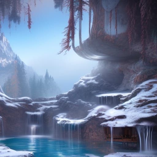 Snowy Mountain Top Hot Springs in Matte Painting Style