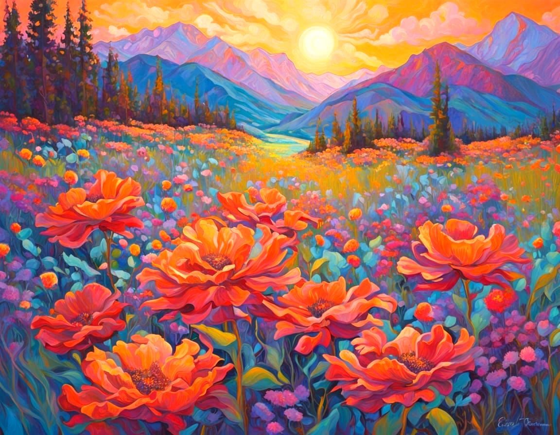 Cosmic Floral Structures in Vibrant Oil Painting Style