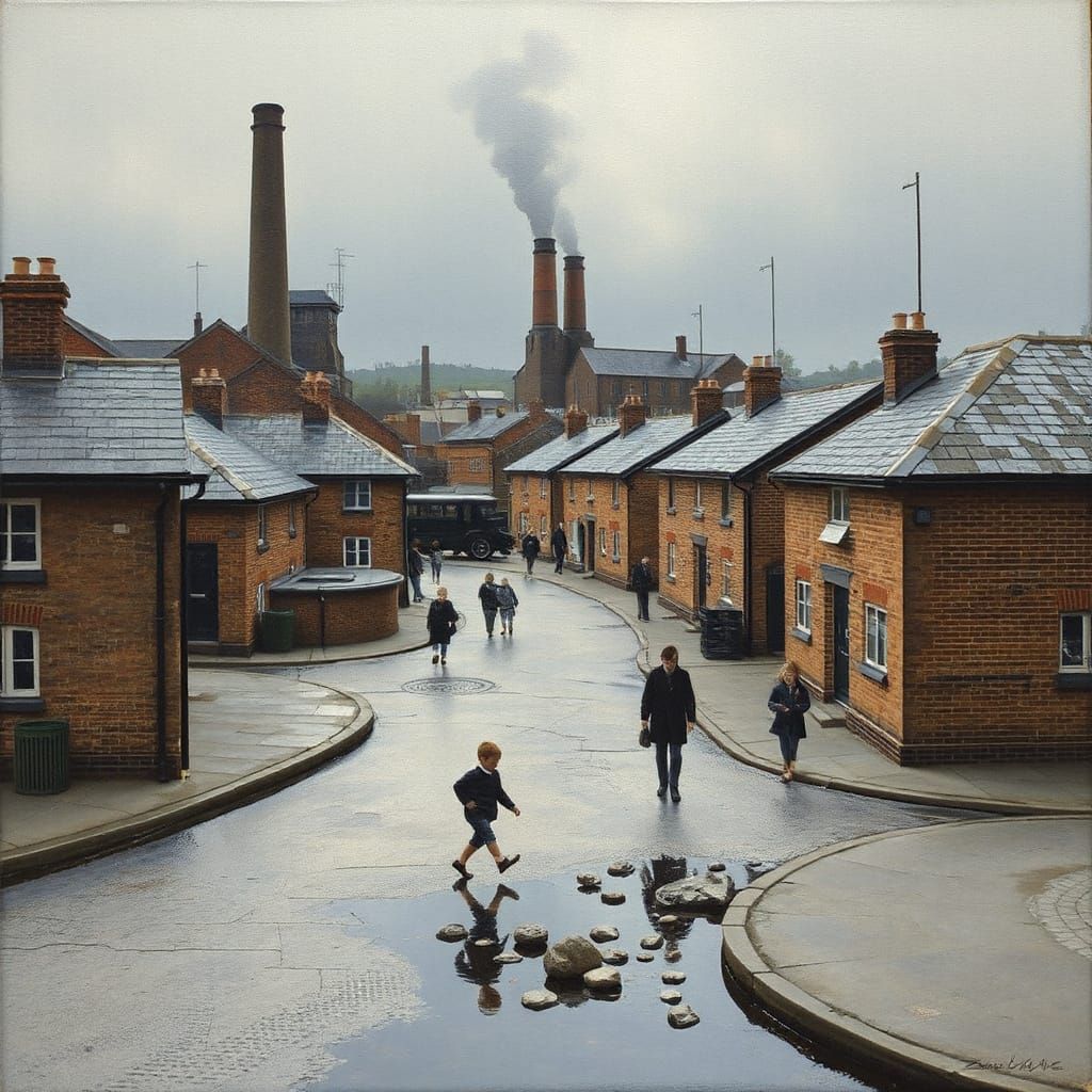 Industrial Townscape in Muted Palette, Evoking Nostalgia