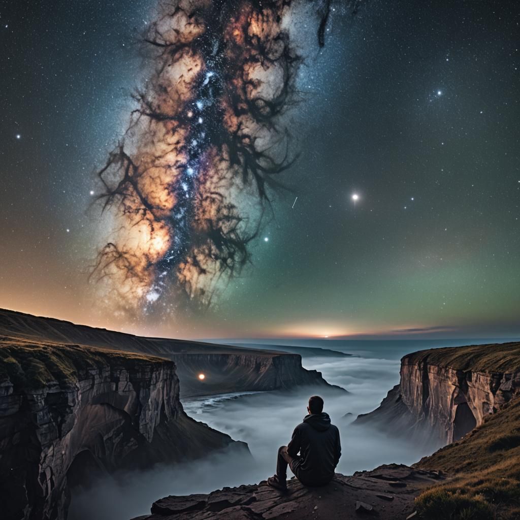 Man Contemplates Galaxy From Cliff Edge