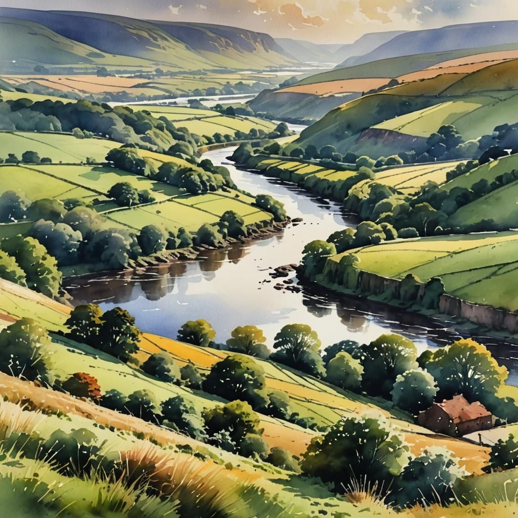 Watercolor Landscape of Tees Valley, England
